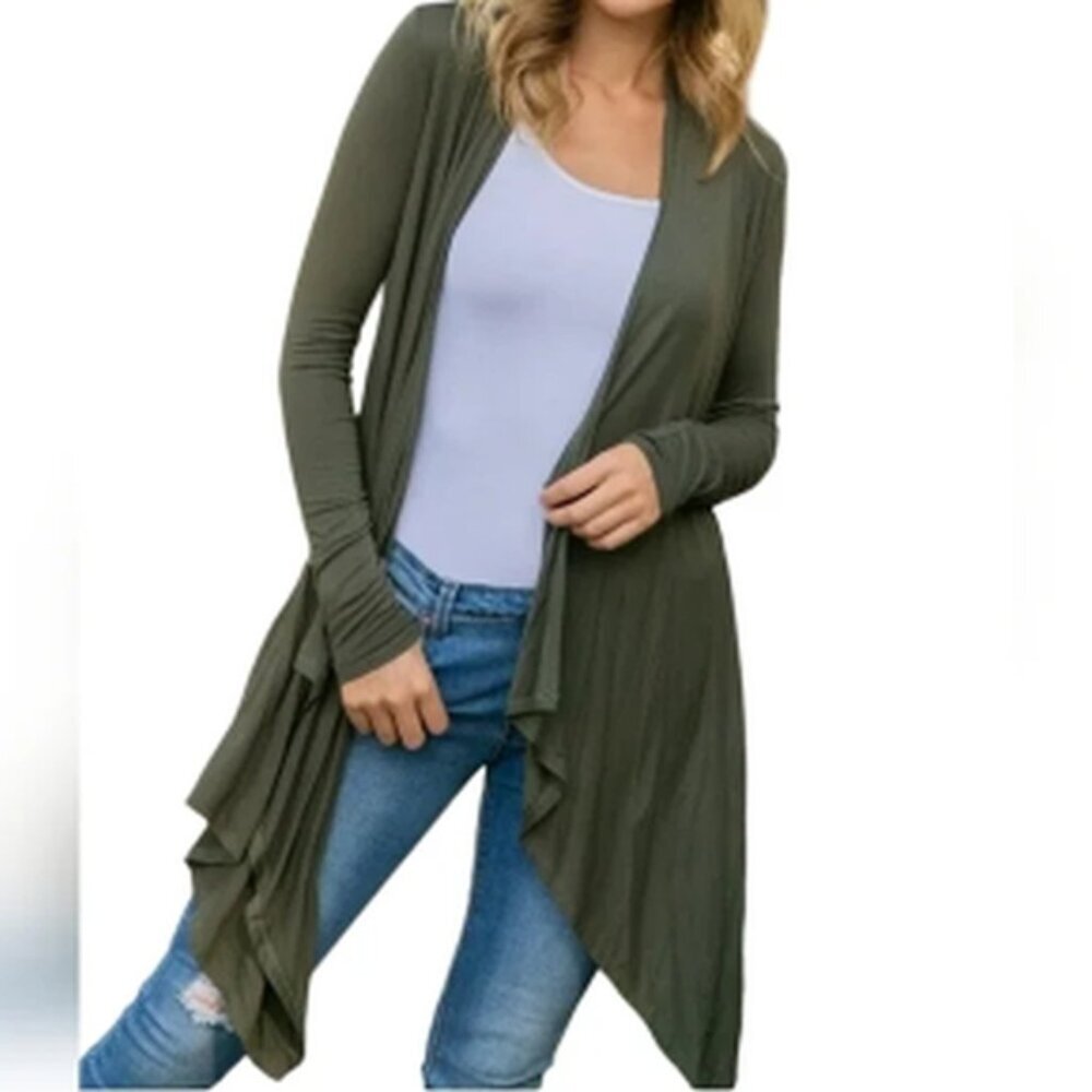 Mossimo Women Stretchy Waterfall Open Olive Green Cardigan Sz Large Long Sleeve - Picture 3 of 12